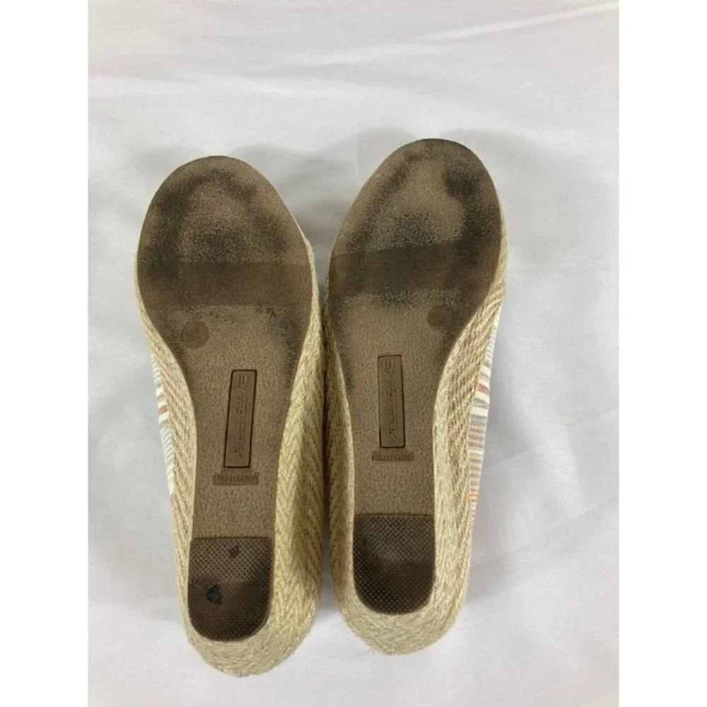 Womens American Eagle Stripe Canvas Espadrille‎ Wedge Tan White Blue W8.5